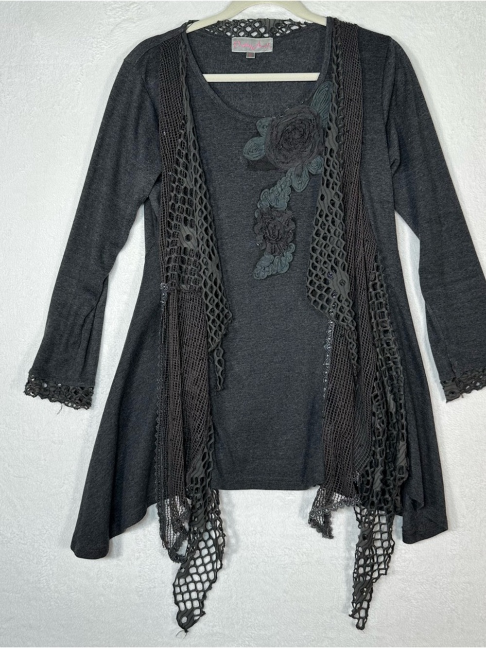 Pretty Angel Tunic S Charcoal Gray Silk Blend Lace Floral Whimsigoth Fairy Boho